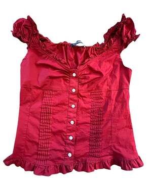 Brandy Melville Red Elena Top with Cap Ruffle Sleeves and Pleating
